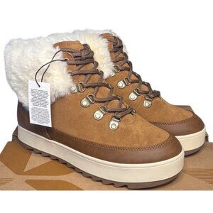 Koolaburra by UGG Tynlee Lace-Up Boots White Faux Fur Trim In Chestnut 8 New